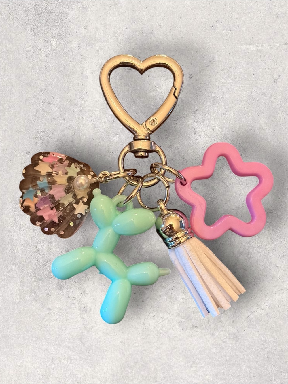 Cute Heart Clip Balloon Dog Keychain - Mint, Pink & Gold